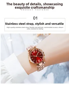 Détail du cadran rouge à chiffres romains et bracelet en acier inoxydable rose doré