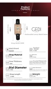 Detail view of rectangular rose gold quartz watch with rhinestones and black leather strap