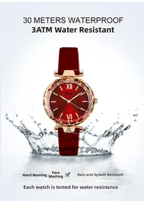 Close-up of red dial quartz watch with 30M waterproof rating and water splash background