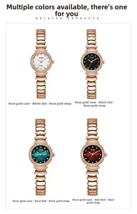 Detail van GEDI-kwartshorloges in roségoud met een zirkonia-bezel en kleurrijke wijzerplaten