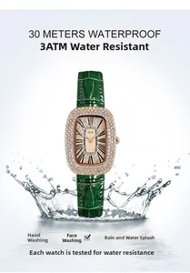 Detailed view of women's quartz watch showing 3ATM water resistance with water splash