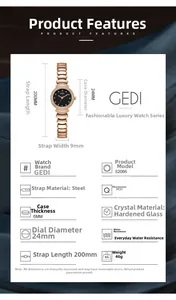 Gedetailleerde specificatietabel van GEDI quartz horloge met 24mm roségouden kast en kristal