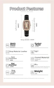 Detailed specifications of GEDI women's oval rhinestone watch with black leather strap