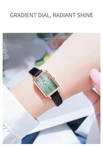 Close-up of a women's watch with green gradient dial and rose gold rectangular case