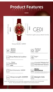 Detailed specs of red leather strap watch with 30mm sunburst dial and quartz movement