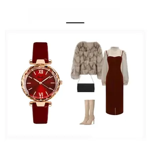 Close-up of stylish burgundy quartz watch with faceted cut bezel and matching leather strap