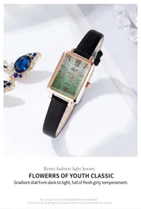 Close-up of rose gold rectangular watch featuring a green gradient dial and leather strap