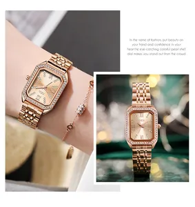 Detailed close-up of GEDI rose gold square watch with crystal-encrusted bezel and dial