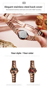 Détail macro de la montre GEDI pour femme avec fond en acier et cadran avec calendrier