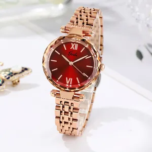 Gedi Montre à Quartz pour Femme Cadran Rouge Rayon de Soleil Verre Facetté Étanche Bracelet en Acier Inoxydable Or Rose