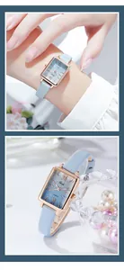 Detail of square quartz watch featuring a blue gradient dial and rose gold metal case
