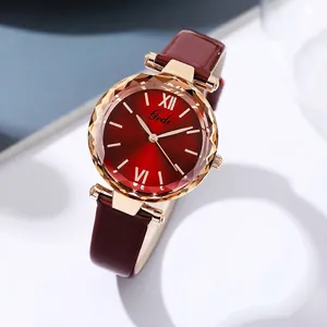 Women Fashion Quartz Watch Red Faux Leather Strap Rose Gold Alloy Case Waterproof Elegant Round Dial Ladies Wristwatch