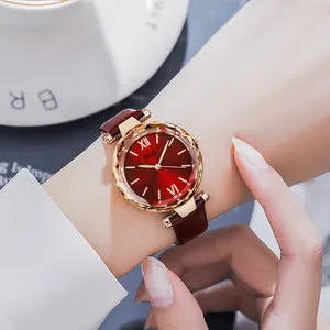 Women fashion waterproof quartz watch with red sunray dial and brown glossy leather strap