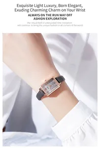 Close-up of elegant rose gold square quartz watch with a shimmering dial and grey leather strap
