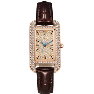 Women's rose gold square watch with crystal-encrusted dial and brown leather strap