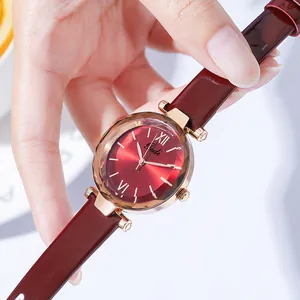 Gedi red leather strap watch with rose gold case and sunray dial for women
