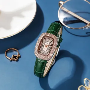 Luxury Women Quartz Watch Rhinestone Encrusted Alloy Case Leather Strap Waterproof Roman Numerals Fashion Dress Wristwatch Gift