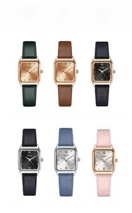 Six minimalist square dial quartz watches with leather straps in various colors and finishes