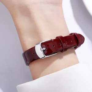 Women's burgundy leather watch strap with classic silver stainless steel buckle detail