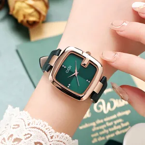 Elegante quadratische Damen-Quarzuhr mit rotgoldnem Gehäuse und grünem Lederarmband