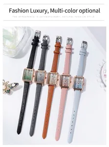 Close-up of five luxury square quartz watches with gradient starry dials and leather straps
