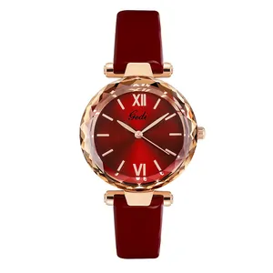 Women's quartz watch with red patent leather strap and rose gold diamond-cut glass case