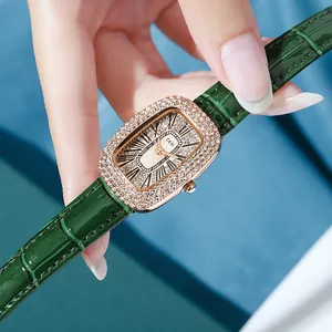 GEDI luxury women's watch with green leather strap and sparkling rhinestone oval case