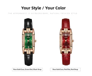 Détail des montres GEDI carrées avec cadrans soleil vert et rouge et bracelets en cuir