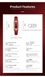 Détails techniques montre GEDI à quartz rectangulaire avec cadran rouge et boîtier doré
