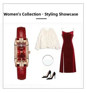 Montre carrée rouge avec veste en peluche blanche et robe en velours pour guide de style