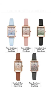 Detailed view of square quartz watches in sky blue, pink and gradient green leather