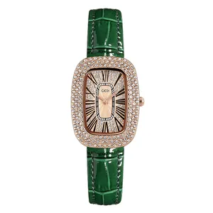 Elegant oval quartz watch with crystal-encrusted bezel and dark green leather strap