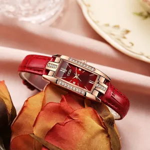 Montre à Quartz Rectangulaire de Luxe pour Femme Boîtier Or Rose avec Strass Bracelet en Cuir Montre Étanche Élégante pour Dame