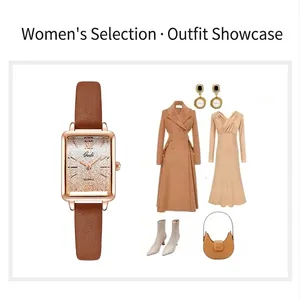 Close-up of square rose gold watch case with gradient dial and brown leather strap