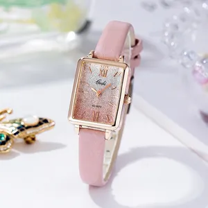 Gedi Women Fashion Quartz Watch Rose Gold Rectangle Case Gradient Glitter Dial Leather Strap Waterproof Elegant Wristwatch