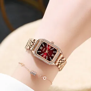 Elegant rose gold square watch with deep red dial and diamond bezel for women