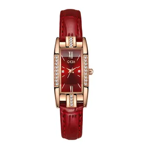 Montre GEDI pour femme avec boîtier rectangulaire or rose serti et bracelet en cuir rouge