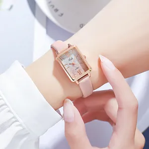 Women's square quartz watch with gradient pink glitter dial and rose gold case