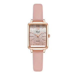 Elegant women's square quartz watch with pink gradient dial and rose gold case