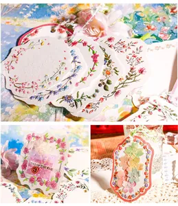 Detailed view of scalloped edge floral paper cards with retro flower patterns for scrapbooking