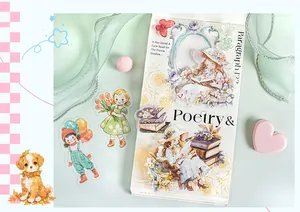 Detail van vintage PET-stickers met meisjes- en diermotieven voor journal decoratie