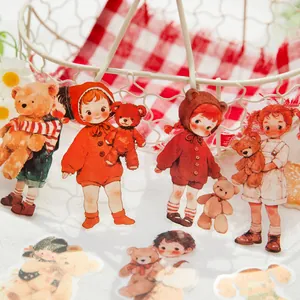 Retro PET stickers with cute anime dolls and teddy bears for journal decoration