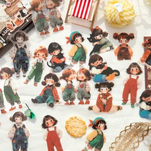 Cute retro hand-drawn girl PET stickers for planners with vintage aesthetic decor