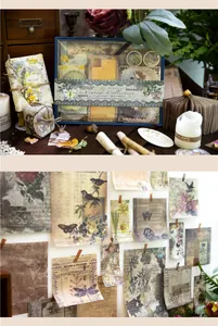 Λήψη macro του vintage σετ scrapbooking κήπου με ρετρό αυτοκόλλητα και χαρτιά