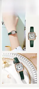 Close-up of GEDI women's square quartz watch with green leather strap and roman numerals