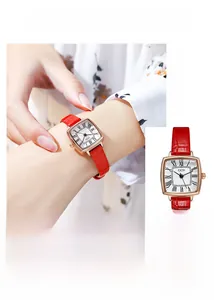 Detail of GEDI square rose gold watch with white Roman dial and red leather strap