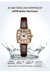 Macro view of 3ATM waterproof quartz watch with brown leather strap and water splash effect