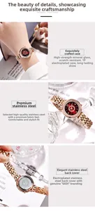 Détails de la montre GEDI or rose avec cadran rouge foncé et lunette en cristaux