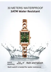 Detail view of square green dial watch with water splashes showing 3ATM water resistance