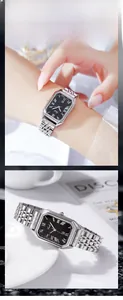 Gros plan d'une montre à quartz pour femme avec cadran noir carré et bracelet en acier